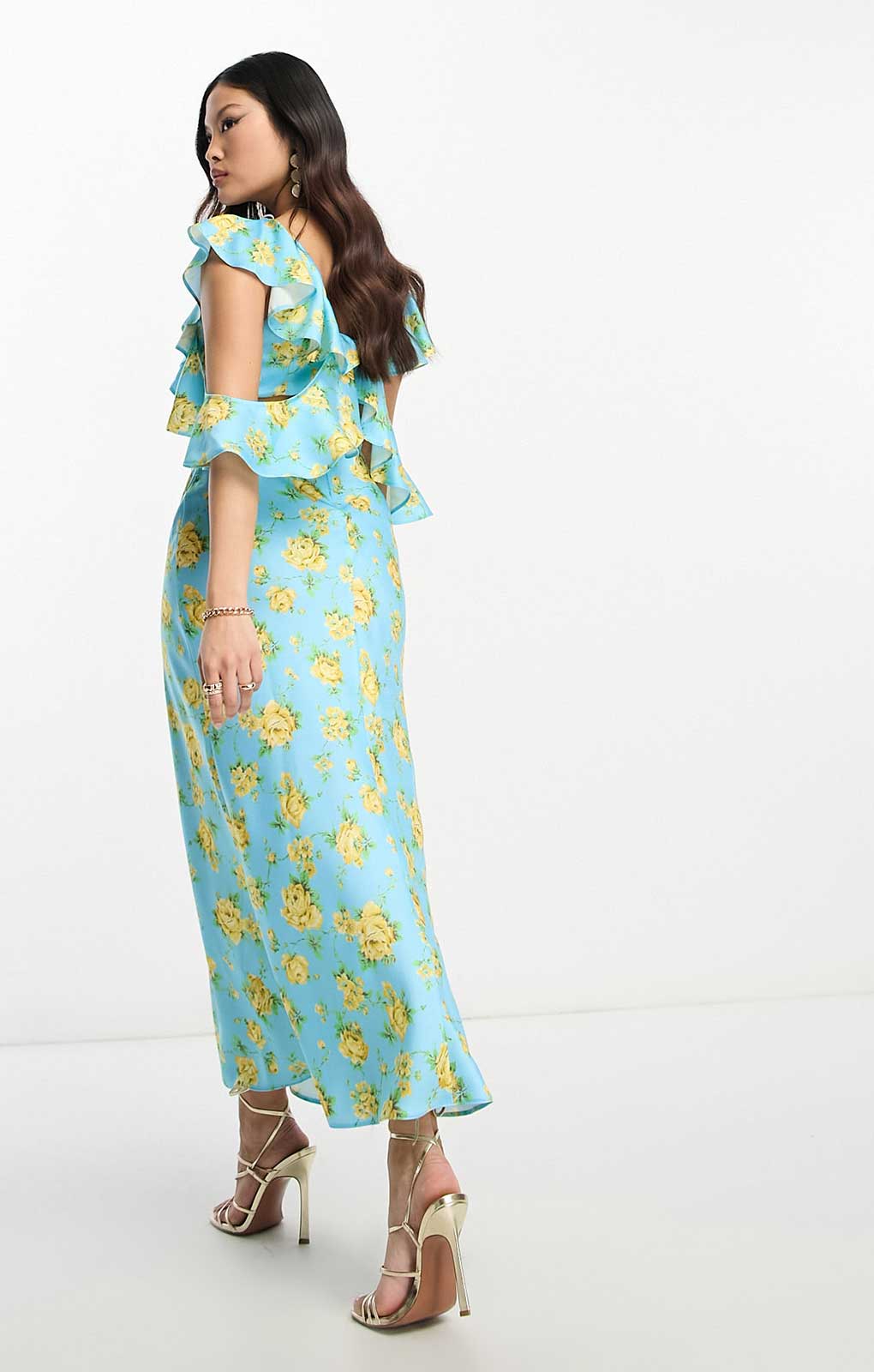 Asos Design Petite Satin Midaxi Dress With Multi Flutter Sleeves In Blue Floral Print product image