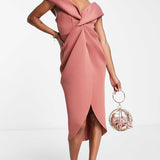 Asos Design Petite Twist Front Off The Shoulder Midi Dress In Rose