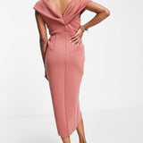Asos Design Petite Twist Front Off The Shoulder Midi Dress In Rose