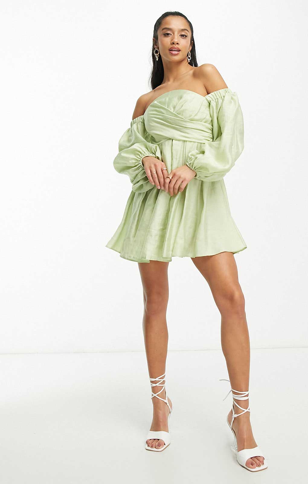 Asos Design Petite Washed Off Shoulder Balloon Sleeve Mini Dress With Wrap Corset Detail In Sage Green product image