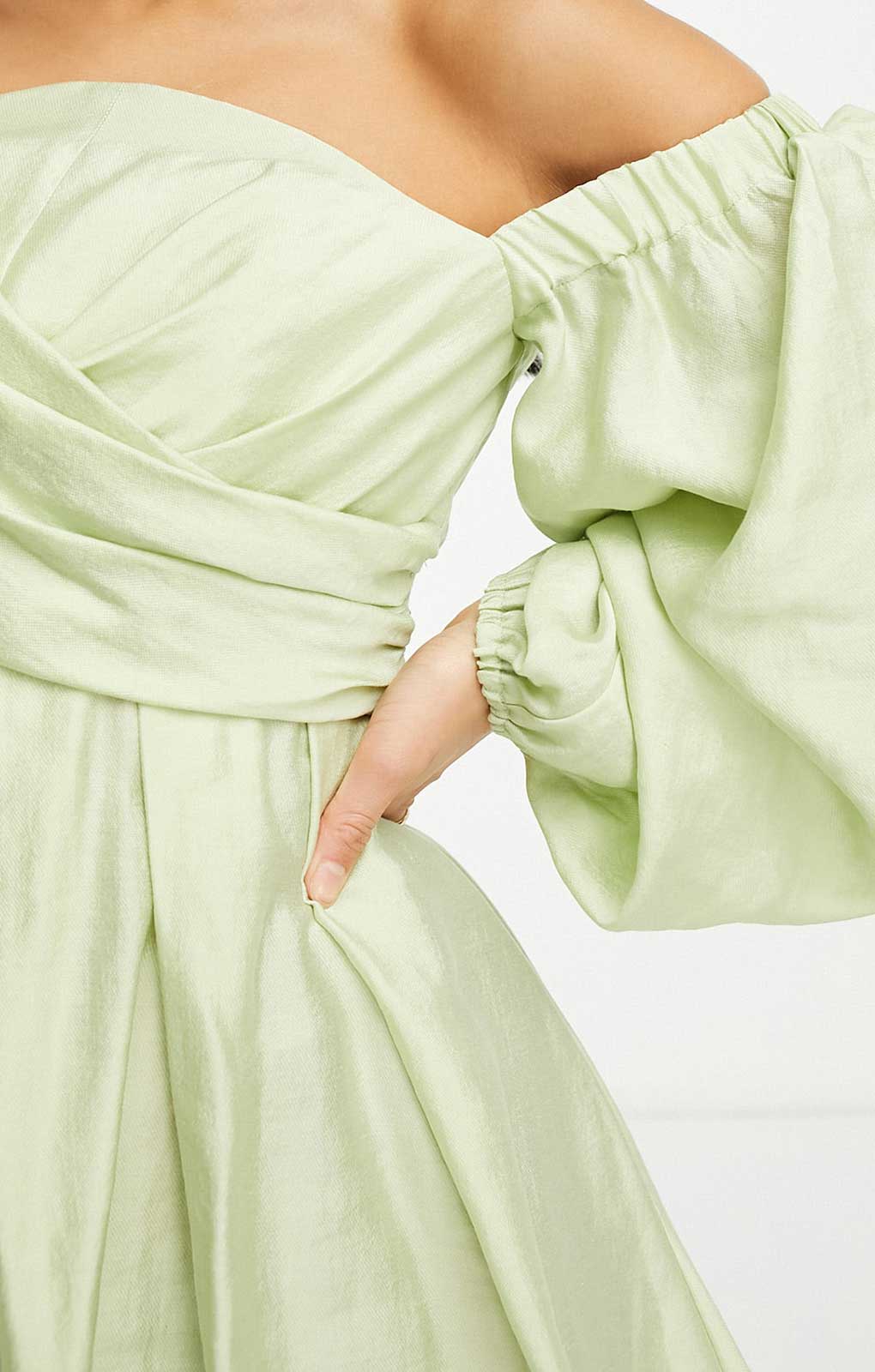 Asos Design Petite Washed Off Shoulder Balloon Sleeve Mini Dress With Wrap Corset Detail In Sage Green