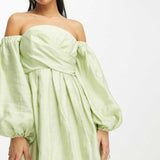 Asos Design Petite Washed Off Shoulder Balloon Sleeve Mini Dress With Wrap Corset Detail In Sage Green