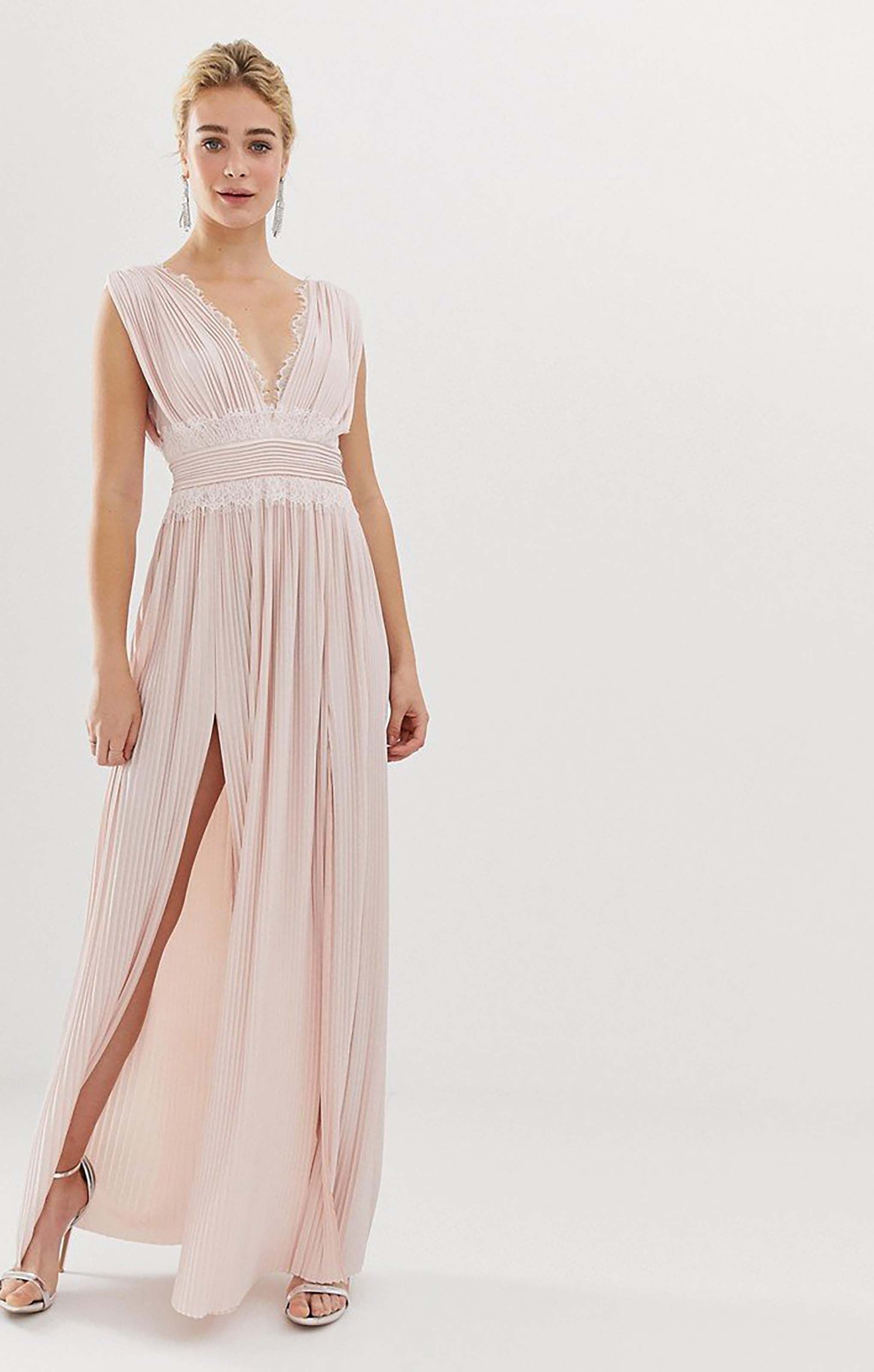 asos design tall premium lace insert pleated maxi dress ASOS DESIGN lace insert satin stripe paneled maxi dress in green