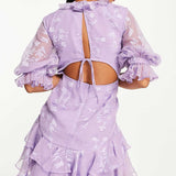 Asos Design Ruffle Detail Mini Dress With Godet Layered Skirt In Satin Floral In Lilac product image