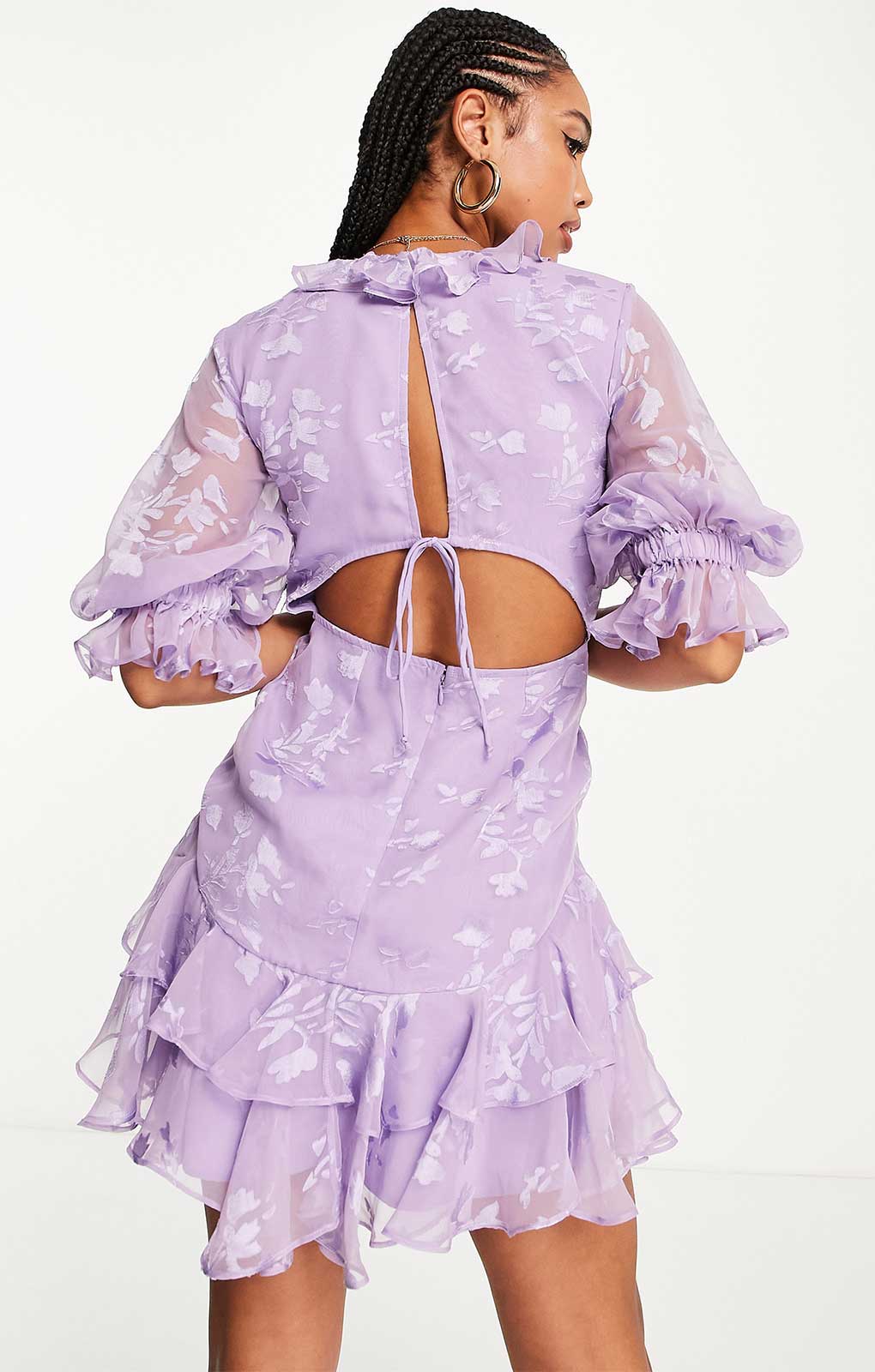 Asos Design Ruffle Detail Mini Dress With Godet Layered Skirt In Satin Floral In Lilac product image