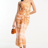 Asos Design Satin Bandeau Twist Front Midi Dress In Watercolour Print