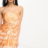 Asos Design Satin Bandeau Twist Front Midi Dress In Watercolour Print