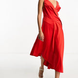 Asos Design Satin Cami Drape Midi Dress With Graduated Hem In Red