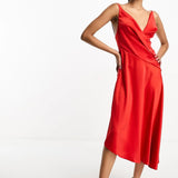 Asos Design Satin Cami Drape Midi Dress With Graduated Hem In Red