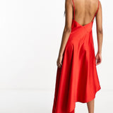 Asos Design Satin Cami Drape Midi Dress With Graduated Hem In Red