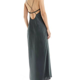 Asos Design Satin Cut Out Cami Midi Dress In Charcoal Grey
