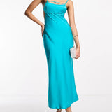 Asos Design Satin Elasticated Strappy Midi Dress With Open Back In Turquoise – dresses by ASOS DESIGN, available to rent from Hirestreet