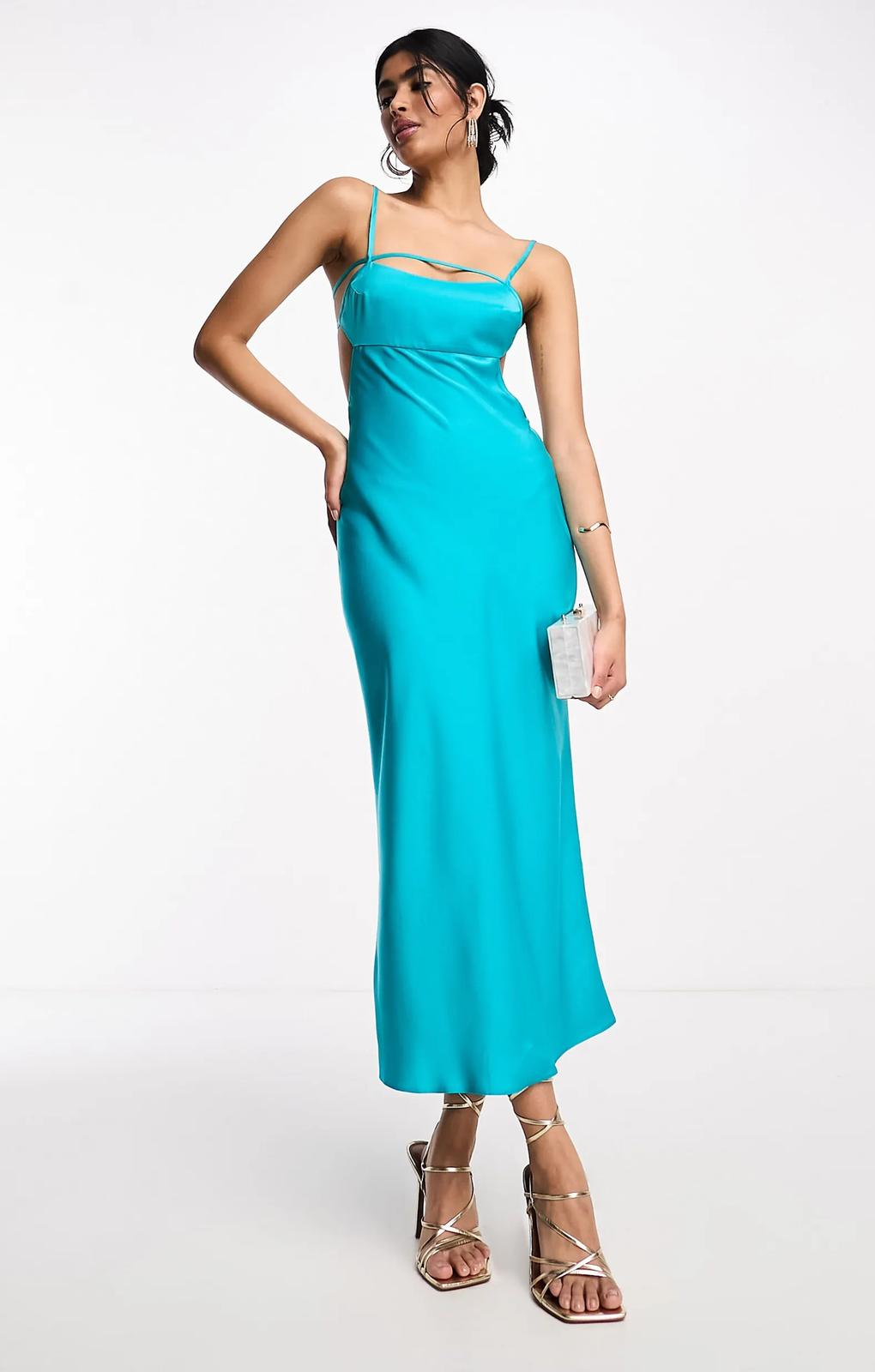 Asos Design Satin Elasticated Strappy Midi Dress With Open Back In Turquoise – dresses by ASOS DESIGN, available to rent from Hirestreet