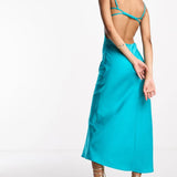 Asos Design Satin Elasticated Strappy Midi Dress With Open Back In Turquoise – dresses by ASOS DESIGN, available to rent from Hirestreet