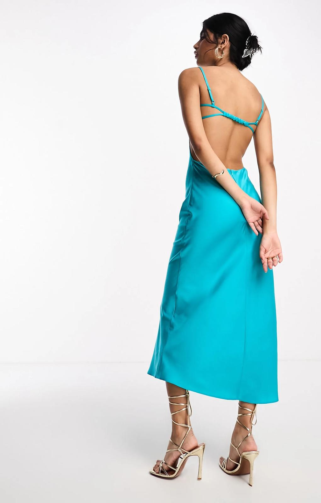 Asos Design Satin Elasticated Strappy Midi Dress With Open Back In Turquoise – dresses by ASOS DESIGN, available to rent from Hirestreet