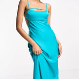Asos Design Satin Elasticated Strappy Midi Dress With Open Back In Turquoise – dresses by ASOS DESIGN, available to rent from Hirestreet