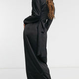 Asos Design Satin Maxi Dress With Batwing Sleeve And Wrap Waist In Black