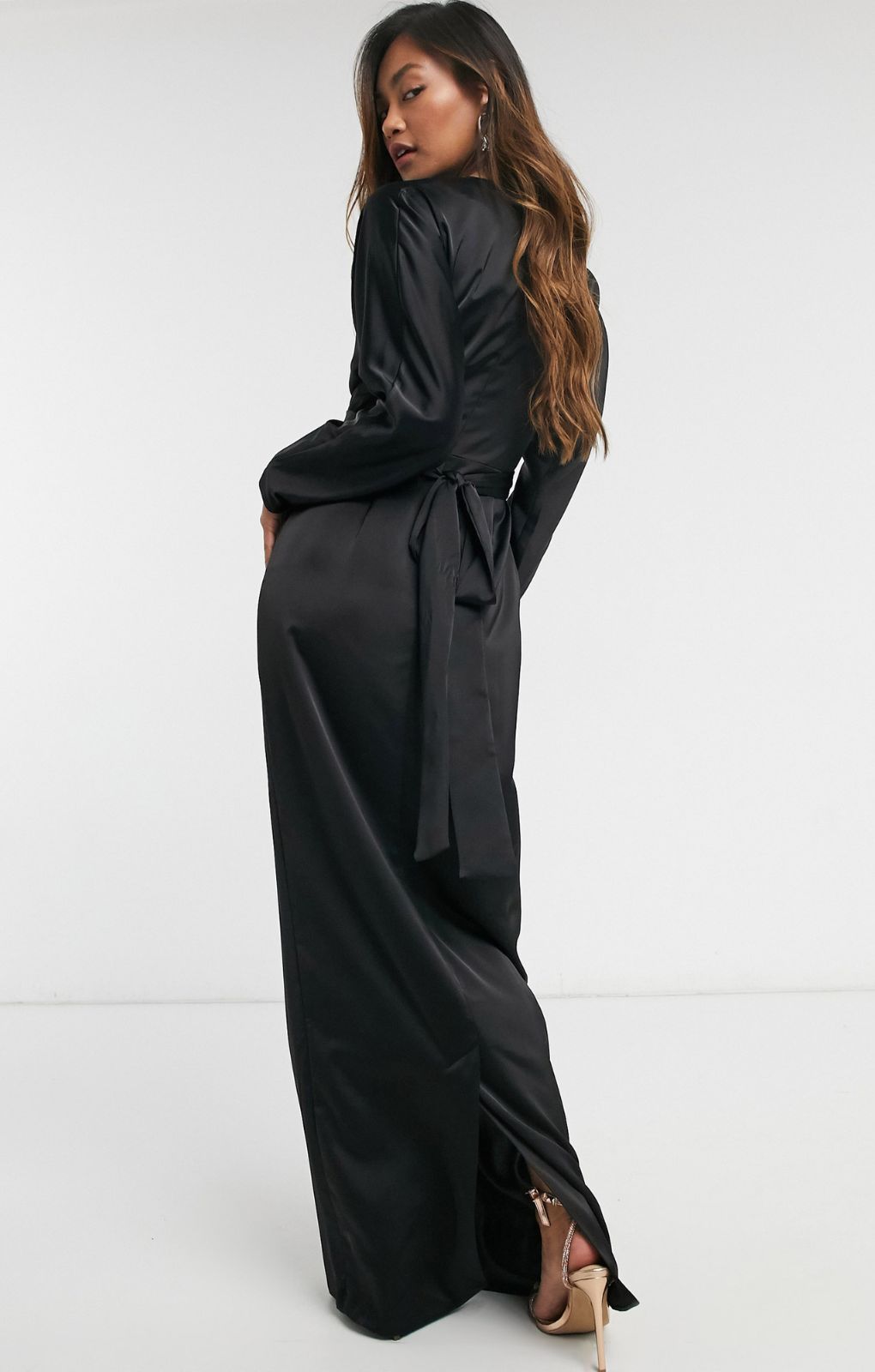 Asos Design Satin Maxi Dress With Batwing Sleeve And Wrap Waist In Black