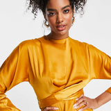 Asos Design Satin Maxi Dress With Batwing Sleeve And Wrap Waist In Mustard Yellow product image