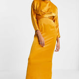 Asos Design Satin Maxi Dress With Batwing Sleeve And Wrap Waist In Mustard Yellow product image