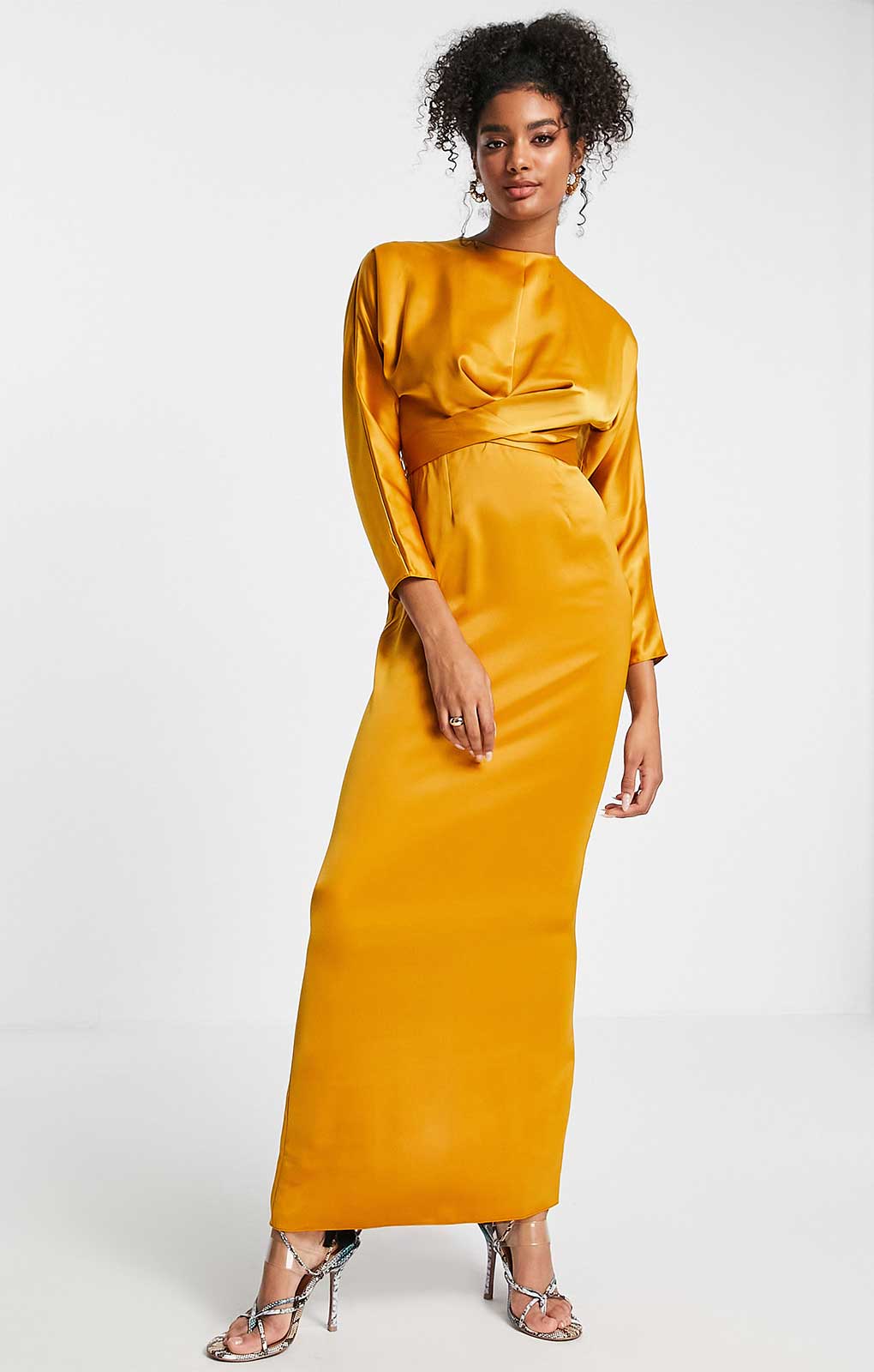 Asos Design Satin Maxi Dress With Batwing Sleeve And Wrap Waist In Mustard Yellow product image