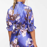 Asos Design Satin Mini Mixed Floral Dress With Waist Detail And Frill Sleeves In Blue product image
