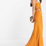 Asos Design Satin One Shoulder Maxi Dress With Cut Out Elastic Band Detail In Sunset Orange product image