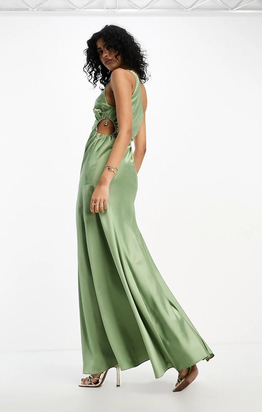 Rent Asos Design Satin One Shoulder Maxi Dress With Waist Detail In Sage Green Rent Asos Design Satin One Shoulder Maxi Dress With Waist Detail In Sage Green