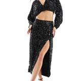 Asos Design Sequin Long Sleeve Batwing Blouse Co-Ord In Black