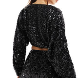 Asos Design Sequin Long Sleeve Batwing Blouse Co-Ord In Black
