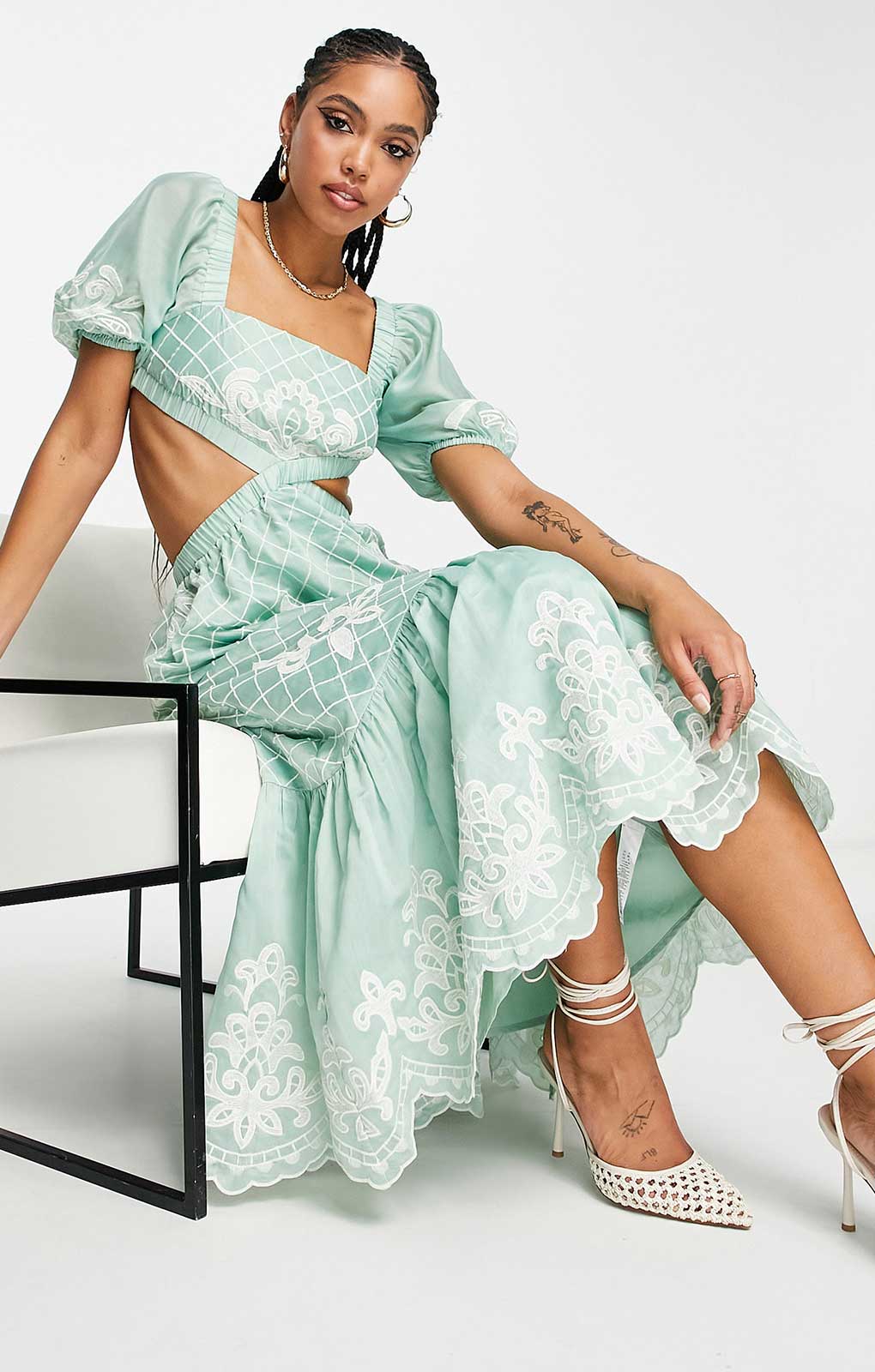 Asos Design Soft Midi Dress With Embrodiery Detail In Sage product image