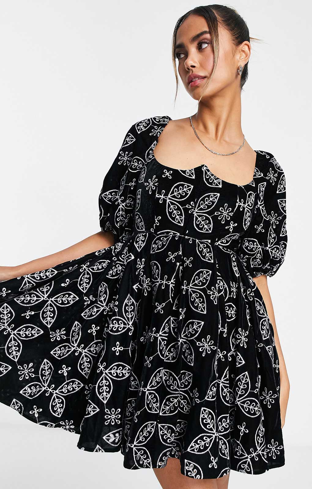 Asos Design Soft Mini Dress In Velvet Broderie With Contrast Embroidery In Black