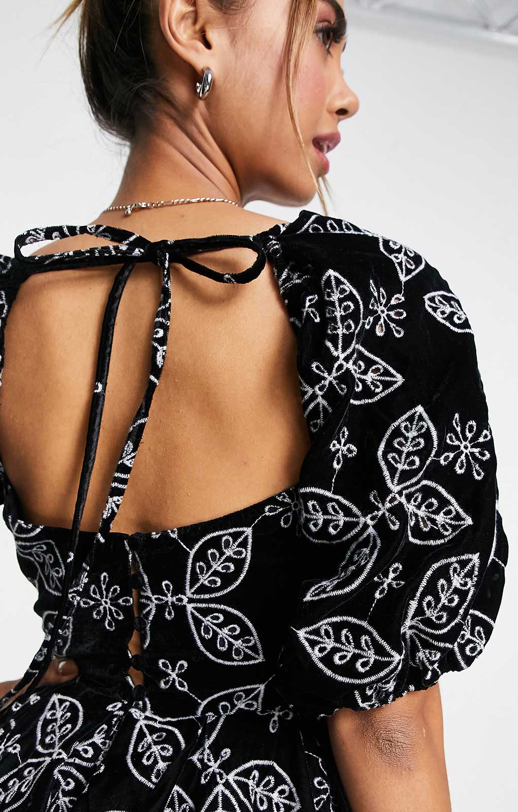 Asos Design Soft Mini Dress In Velvet Broderie With Contrast Embroidery In Black