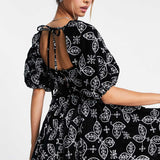 Asos Design Soft Mini Dress In Velvet Broderie With Contrast Embroidery In Black