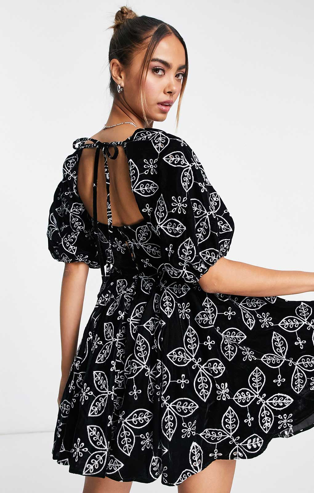 Asos Design Soft Mini Dress In Velvet Broderie With Contrast Embroidery In Black