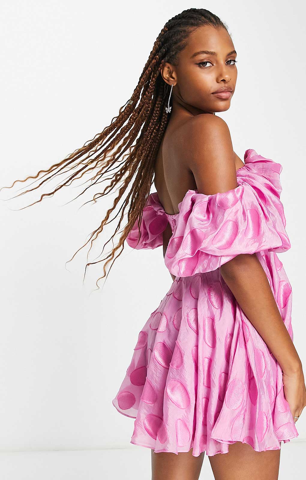 Asos Design Spot Bardot Mini Dress With Puff Sleeve In Pink product image