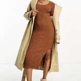 Asos Design Square Neck Knitted Midi Dress In Textured Yarn In Brown