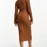 Asos Design Square Neck Knitted Midi Dress In Textured Yarn In Brown