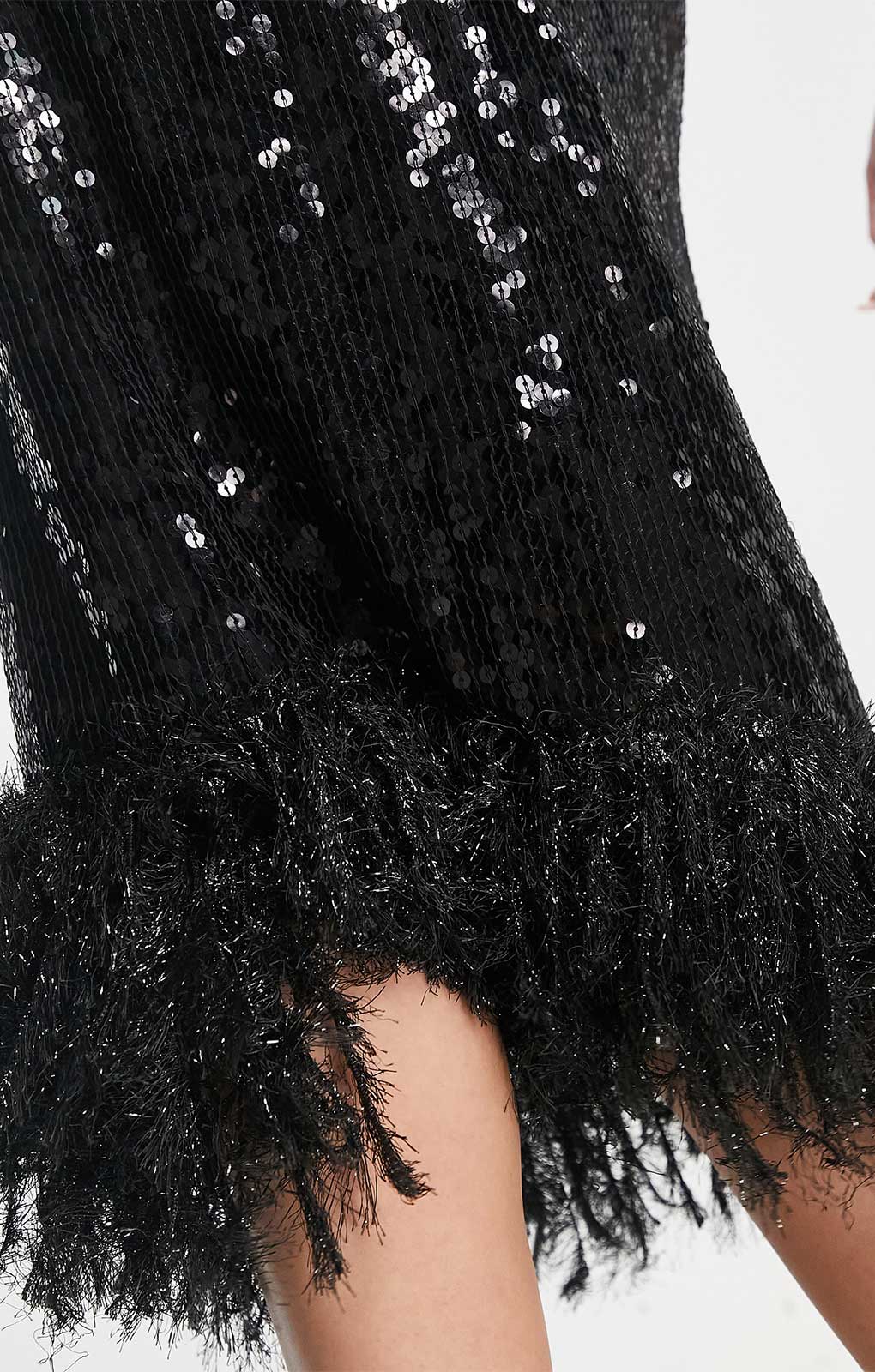 Asos Design Strappy Sequin Maxi Dress With Faux Feather Hem Detail In Black