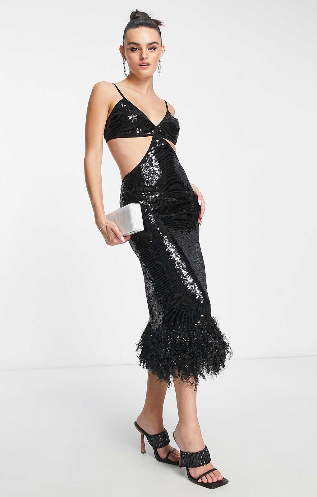Rent Asos Design Strappy Sequin Maxi Dress With Faux Feather Hem Detail In Black | Hirestreet Rent Asos Design Strappy Sequin Maxi Dress With Faux Feather Hem Detail In Black | Hirestreet