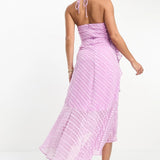 Asos Design Tall Cowl Neck Frill Detail Hi Low Hem Midi Slip Dress With Tie Side In Lilac Dobby