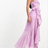 Asos Design Tall Cowl Neck Frill Detail Hi Low Hem Midi Slip Dress With Tie Side In Lilac Dobby