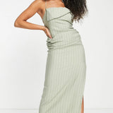 Asos Design Tall Drape Neck Open Back Seersucker Midi Dress In Sage