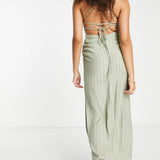 Asos Design Tall Drape Neck Open Back Seersucker Midi Dress In Sage