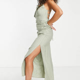Asos Design Tall Drape Neck Open Back Seersucker Midi Dress In Sage