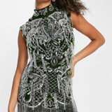 Asos Design Tall High Neck All Over Embellished Mini Dress In Dark Green With Silver Sequin