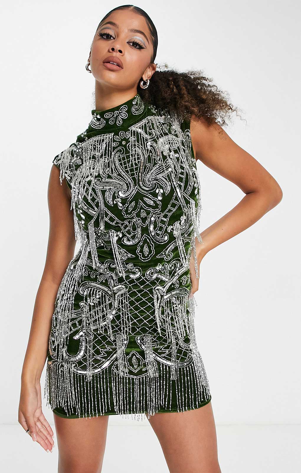 Asos Design Tall High Neck All Over Embellished Mini Dress In Dark Green With Silver Sequin
