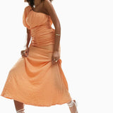 Asos Design Textured One Sleeve Puff Midi Dress With Cut Out Waist In Orange