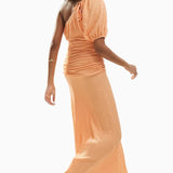 Asos Design Textured One Sleeve Puff Midi Dress With Cut Out Waist In Orange