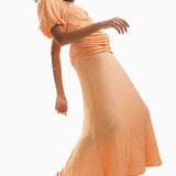 Asos Design Textured One Sleeve Puff Midi Dress With Cut Out Waist In Orange
